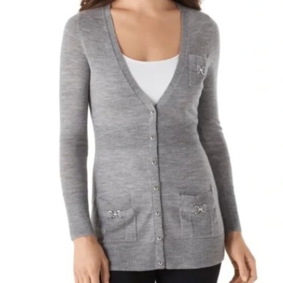 White House Black Market Cardigan Sz Small Gray 100% Merino Wool Snap Front - Picture 3 of 12